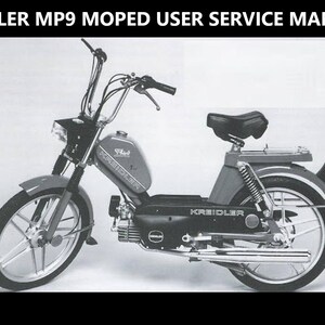 May include: A black and white photo of a Kreidler MP9 moped. The moped has a black seat, a chrome exhaust pipe, and a chrome front fender.