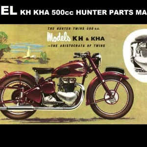 Manuais de peças de motocicleta ARIEL KH KHA -60pgs para modelos 500cc com diagramas explodidos detalhados, listas de números de peças e arte de anúncio de folheto