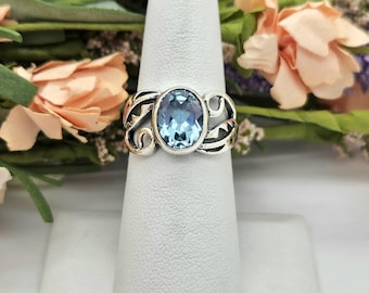 Blue Topaz Ring in Sterling Silver, Size 7, Artisan Scroll Design Ring