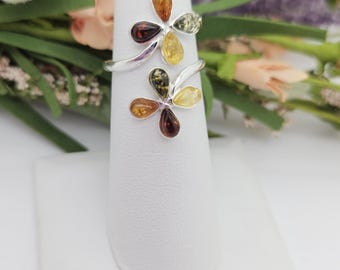 Genuine Baltic Amber Multi-Color Flower Ring – Sterling Silver Adjustable Ring
