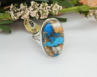 Spiny Oyster and Turquoise Sterling Silver Oval Ring