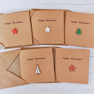 Pack of 5 simple handmade vintage - style Christmas cards with festive buttons
