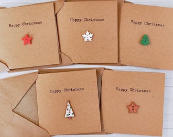 Pack of 5 simple handmade vintage - style Christmas cards with festive buttons