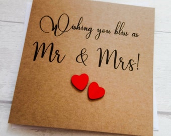 Handmade "Wishing you bliss as Mr & Mrs" wedding card with wooden hearts - can be personalised