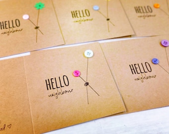 Pack of 5 very cute handmade "Hello Neighbour" cards with button and flower ballons