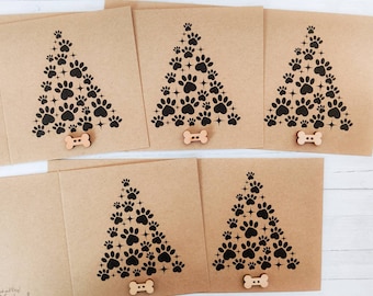 Pack of 5 paw print Christmas cards with wooden bone button