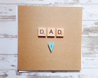 Handmade "Dad" scrabble Father's Day card with wooden heart