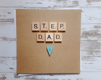 Handmade "Stepdad" scrabble Father's Day card with wooden heart