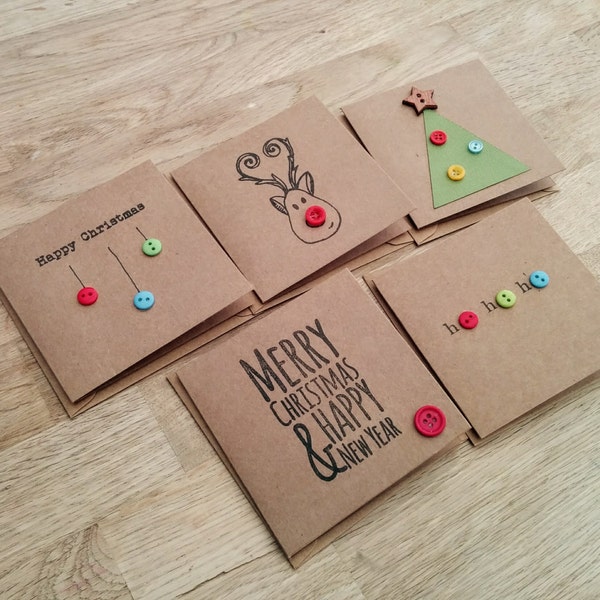 Pack of 5 cute handmade Christmas cards with buttons - reindeer, christmas tree, baubles, ho ho ho