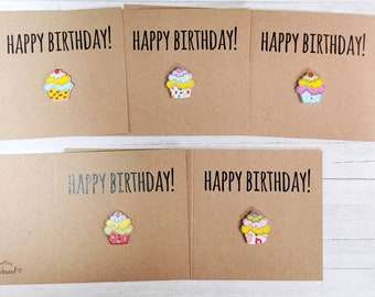 Pack of 5 cute handmade Happy Birthday cards with cupcake buttons