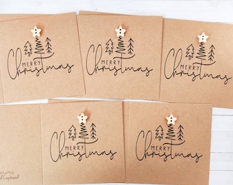 Pack of 5 simple Merry Christmas cards with wooden star buttons