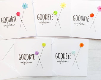 Pack of 5 very cute handmade "Goodbye Neighbour" cards with button and flower ballons