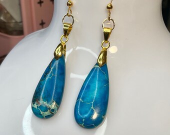 Beautiful blue real jasper gold bohemian statement earrings, long jasper teardrop earrings, gold plated earrings, boho earrings, handmade