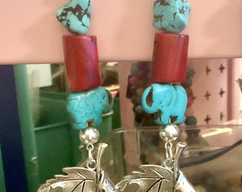 Handmade turquoise coral crystal leaf earrings, leaf earrings, turquoise earrings, coral earrings, bohemian earrings, elephant earrings