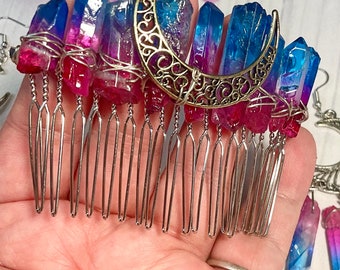 Hand wrapped real rainbow crystal quartz hair comb barrette, wedding hair accessories, handmade hair comb, crystal hair jewelry, tiara