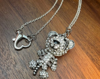 Spinner large real crystal silver plated skeleton bear necklace, long silver bear necklace, anxiety necklace, bohemian necklace, teddy bear