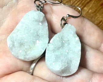 Large unpolished quartz geode earrings, sparkling earrings, silver plated hooks, large fabulously mismatched, crystal earrings, statement