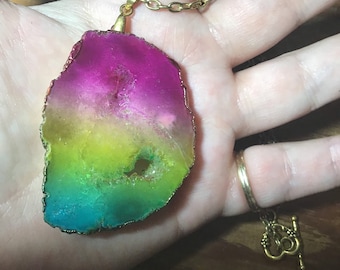 Real quartz rainbow crystal large chunky gold statement necklace, bohemian necklace, crystal necklace, geode necklace, rainbow quartz