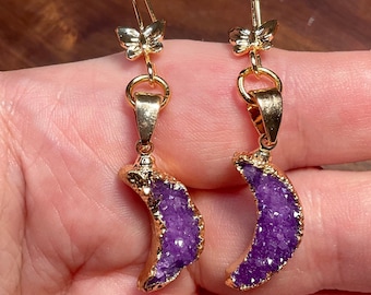 Real purple quartz crystal geode moon earrings set on 18k gold plated butterfly hooks, crescent moon earrings, druzy earrings, celestial