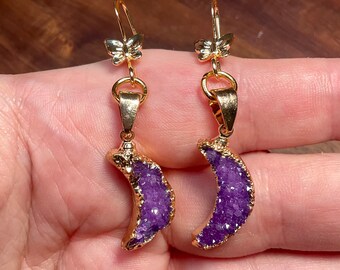 Real amethyst quartz crystal crescent moon bohemian earrings with 18k gold plated butterfly hooks, moon earrings, crystal earrings, boho