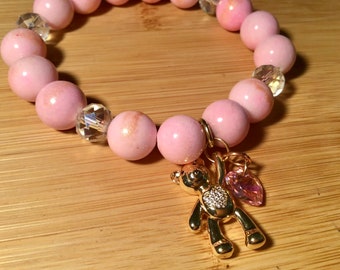 Rose quartz crystal 14k gold teddy bear pink gemstone bracelet, statement bracelet, banded rose quartz, real crystal bracelet, pink bracelet