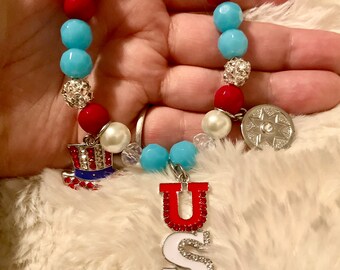 Real gemstone crystal silver America Independence Day July 4th statement bracelet, aquamarine bracelet,Uncle Sam, USA, crystal bracelet