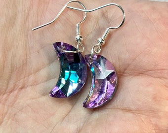 Real fire crystal color shifting silver moon statement earrings, half moon earrings, real crystal earrings, silver earrings, bohemian, gift