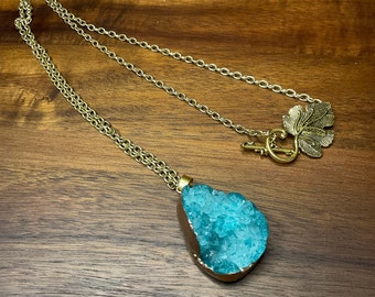 Real quartz crystal blue gold statement necklace