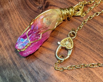 Wrapped real rainbow quartz unique aura crystal necklace, set on gold chain with heart toggle clasp, Hand wrapped crystal necklace, aura