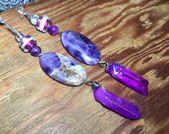 Real raw amethyst crystal Swarovski Austrian crystal quartz crystal hand wrapped artisan statement earrings, handmade earrings, bohemian