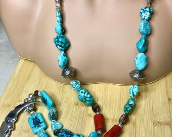 Very long chunky raw turquoise necklace, handmade necklace, Coral necklace, Tibetan silver boho statement necklace, moon necklace, owls,