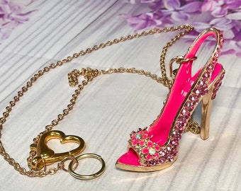 Pink crystal inlaid gold large high heeled shoe pendant necklace, gold plated necklace, Barbie inspired necklace, pink heels, gift for her