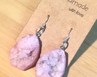 Real highly crystallized rose quartz geode pale pink statement earrings, bohemian earrings, rose quartz, large crystal earrings, gift idea