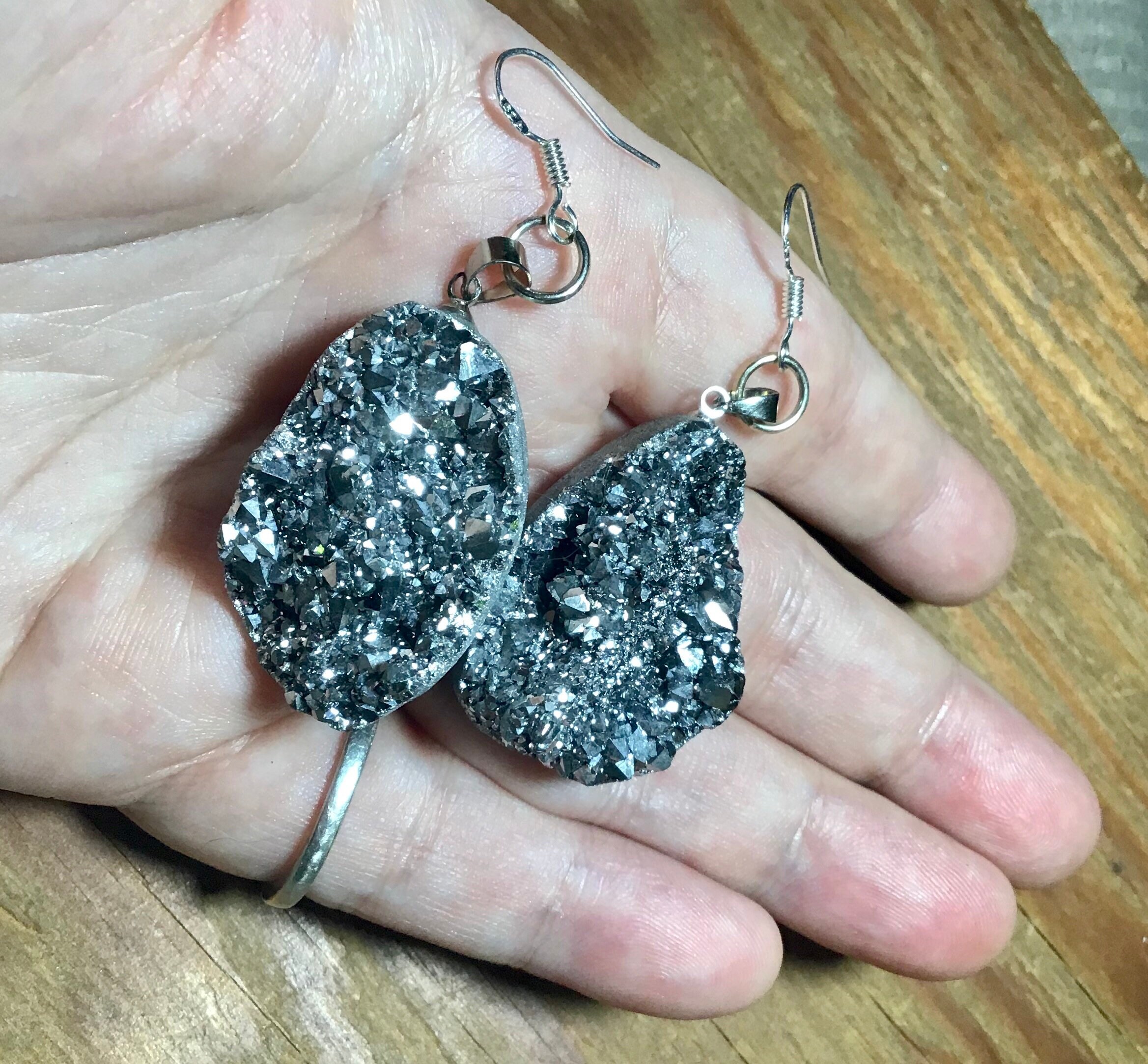 Real raw silver quartz crystal geode earrings silver | Etsy