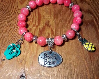 Beautiful chunky pink jade Celtic silver spacers silver beach babe sandals and pineapple statement bracelet, silver beach babe, boho, gift