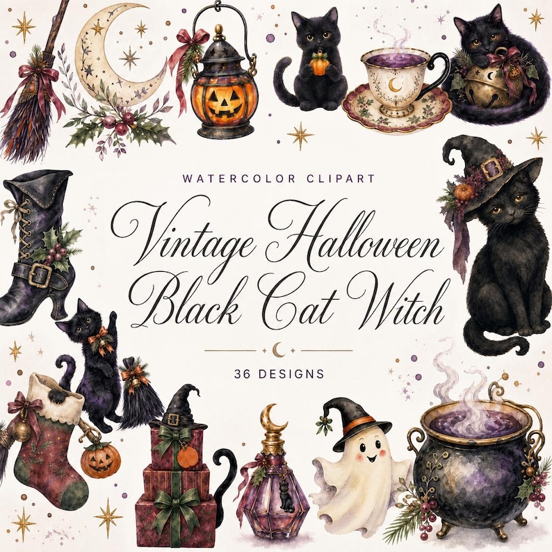 vintage halloween black cat witch png