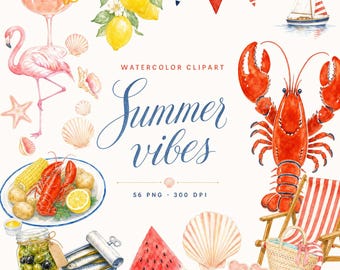 56 PNG Zomerse Strandvibes | Bundel transparante strand-PNG's | Sardine- en kreeftenvakantie | Direct downloaden