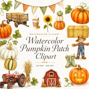 30 Watercolor Pumpkin Patch Clipart Set | Fall Farm PNG Bundle | Party Flyer Hayride Graphics | Instant Download