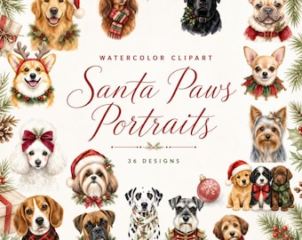 Watercolor Christmas Dog Clipart Bundle: Festive Pet Portraits for Cards