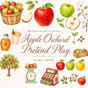 Peut inclure: Ensemble de cliparts à l'aquarelle intitulé Apple Orchard Pretend Play comprenant des pommes rouges, vertes et jaunes, un panier en bois, un arbre, une balance, une caisse enregistreuse, des tranches de pomme, des fleurs, des graines, un pichet de cidre et une tasse avec un bâton de cannelle.