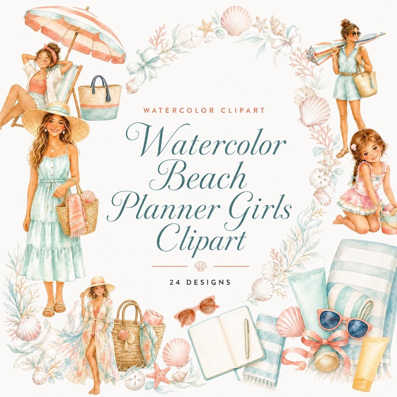 watercolor beach planner girls clipart