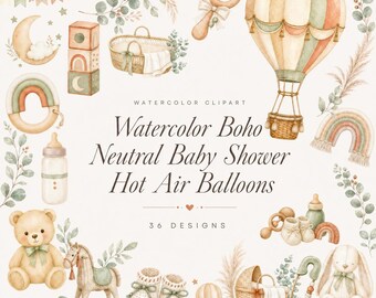 36 clipart di mongolfiere in stile boho acquerellato per baby shower | Pacchetto PNG per bambini | Inviti color salvia beige | Download digitale