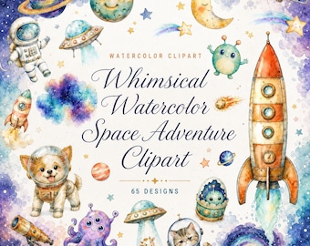 65 Whimsical Watercolor Space Adventure Clipart | Astronaut Rocket PNG Bundle | Nursery Galaxy Kids Art | Digital Download