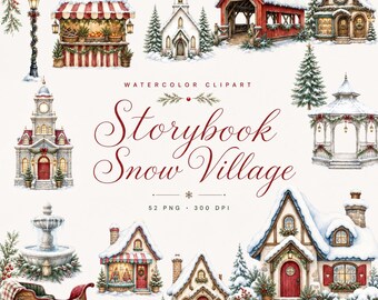 Christmas Village Watercolor Storybook 52 Clipart Bundle
