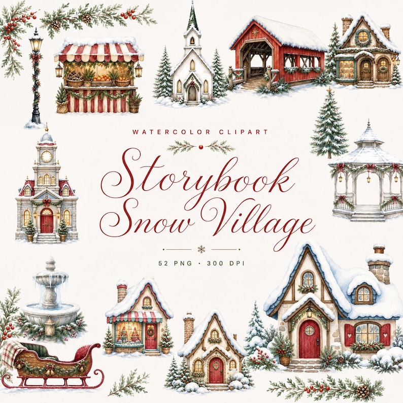 christmas village watercolor clipart