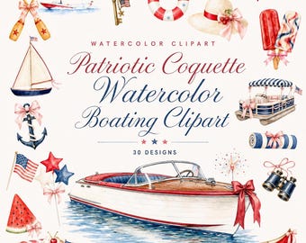 Patriotic Coquette Watercolor Boating Clipart | 30 PNG Lake House Bundle | 4th of July Americana | Digital Download