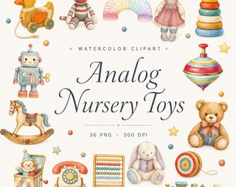Watercolor Vintage Baby Toys Clipart Bundle for Nursery Decor