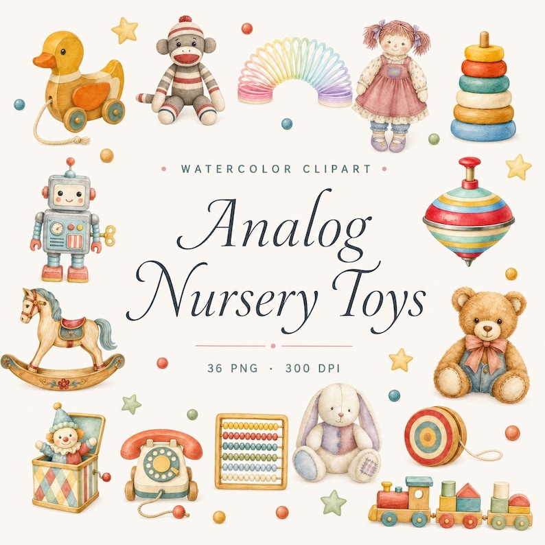 watercolor vintage baby toys clipart bundle