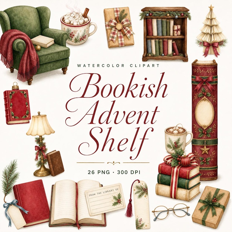 watercolor book advent calendar clipart bundle