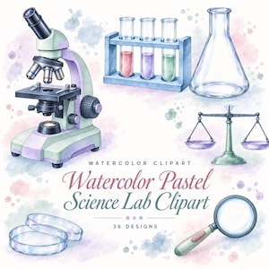 Puede incluir: Un conjunto de ilustraciones en acuarela que incluye un microscopio, un soporte para tubos de ensayo con tres líquidos de colores, un matraz de vidrio, una balanza, dos placas de Petri y una lupa. El texto dice: WATERCOLOR CLIPART Watercolor Pastel Science Lab Clipart 36 DESIGNS.